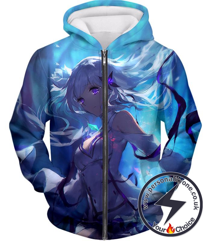 Re:Zero Princess Emilia Beautiful Silver Haired Anime Girl Zip Up Hoodie